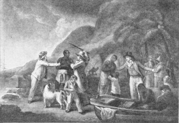 Incident in the Days of the Slave Trade. From a print after Morland in the British Museum — On a tropical shore white sailors seize an African man by the arms while another raises a club; to the right an African woman and child stand by a boat drawn up on the beach.
