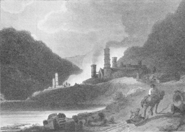 Early Factory, in Colebrookdale. (From a print in the British Museum) — Tall furnace chimneys pour smoke over a river valley between wooded hills, with a horseman and timber on the track in the foreground.