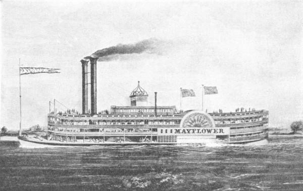 One of the First American River Steamers — A large paddle steamer named Mayflower, with twin funnels, several decks and flags flying, steams along a broad river.