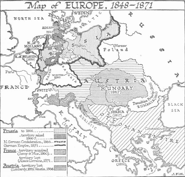 A map titled “Map of Europe, 1848–1871”, showing Prussia before and after 1866, the North German Confederation and the German Empire of 1871, France’s gain of Savoy and Nice and loss of Alsace-Lorraine, and Austria’s losses in Italy.