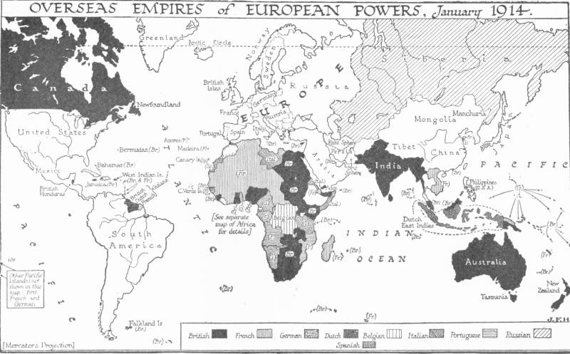 A world map titled “Overseas Empires of European Powers, January 1914”, on Mercator’s projection, shading the possessions of Britain, France, Germany, the Netherlands, Belgium, Italy, Portugal, Russia and Spain, with Africa referred to a separate map.