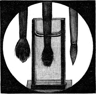 The camel's-hair brush held in front of the lantern — dry on the left, with the hairs separate; held under the water in the middle, where the hairs still do not cling; and lifted out on the right, with the hairs drawn together to a point.