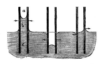 Three pairs of plates standing in water. At the left, both plates are wetted and the water is drawn up between them; the regions marked a, b and c are the ones discussed here. In the middle, neither plate is wetted and the water is pushed down between them. At the right, one plate is wetted and the other is not.