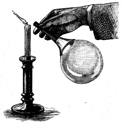 A bubble blown on the end of a wide pipe. Holding the open end of the pipe to a candle, the air driven out by the bubble's own elasticity blows the flame out.