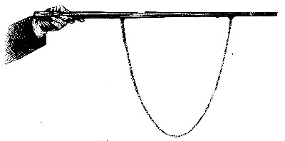 A chain hung in a loop from a level stick and strongly lit — the catenary, which is exactly the curve of the side of a bubble drawn out between two open rings.
