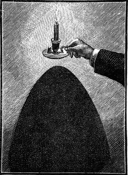 The shadow cast on a wall by the round base of a candlestick. As the candlestick is tilted away from the wall the outline of the shadow passes from a hyperbola to a parabola, then to an ellipse, and finally to a circle.