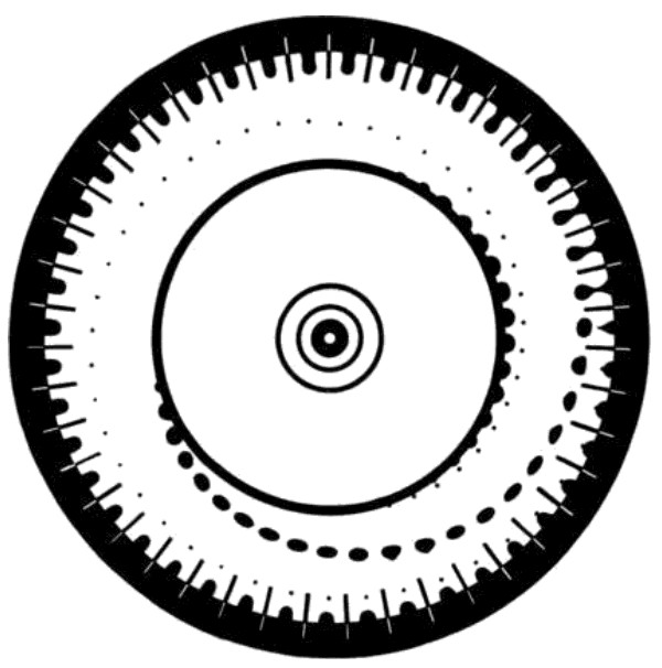 The thaumatrope — forty-three consecutive photographs of a large drop growing, necking, and falling away, taken at intervals of a twentieth of a second. Cut out and spun as described in the Practical Hints at the end of the book, it puts the drop back into motion.