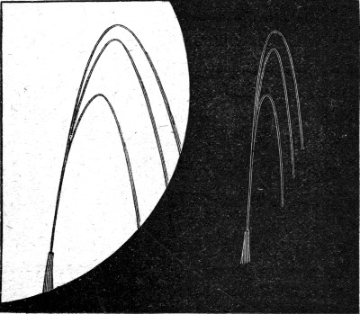 A fountain acted on by a musical note. It breaks up into two, three or more entirely distinct streams, as though the water were coming from several tubes of different sizes pointing in slightly different directions.
