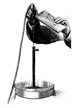 A fine jet of water at high pressure playing on a rubber sheet stretched over the end of a tube. With a piece of wood held against the nozzle, the jet begins to sing a loud note of its own accord.