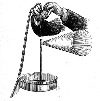 A watch held against the nozzle. The tiny jolt of each tick starts a neck in the jet, which grows as it travels, and the rubber sheet gives out a tick loud enough to fill the room.