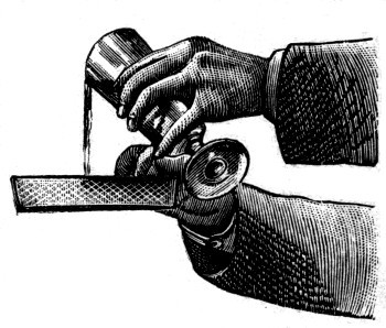 Water poured onto a small pad of paper in a sieve of paraffin-coated wire gauze. The water stays in, although the bottom of the sieve has some eleven thousand holes, any one of which will pass a pin.