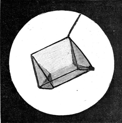 A wire frame in the shape of the edges of a triangular prism, after dipping. Every film is flat, and along the central line three films meet one another at equal angles.