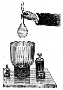 A bubble blown on a wide pipe and held for a moment in ether vapour. The vapour has passed through the film to the inside, and on bringing a light to the mouth of the tube it burns with a flame five or six inches long.