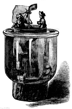 The paraffined sieve afloat in a jar of water, with two small passengers aboard and a sail rigged to a tobacco-pipe mast, exactly as Lear specifies.