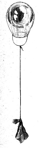 An air bubble blown on a light ring of very thin wire, with a coal-gas bubble inside pressing up against the top of it. Between them they lift the ring, a yard of cotton, and paper tied to the cotton.