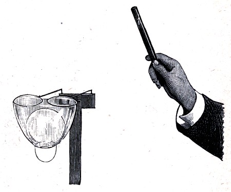 A plain bubble resting against the nested pair. When the sealing-wax appears, the two outer bubbles join, while the inner one goes unharmed and the heavy ring slides down to the bottom of the new single bubble.