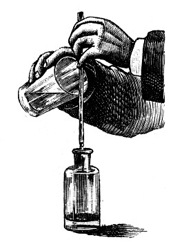 Water poured from a tumbler into a narrow-necked bottle by letting it run down a slanting rod held against the lip of the glass. The elastic skin holds the stream to the rod.