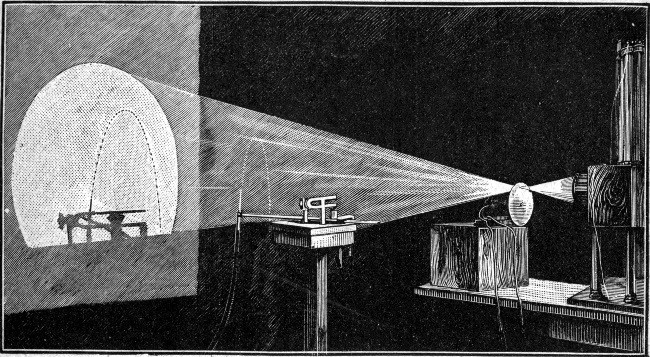 A fountain lit by intermittent flashes of light, so that the drops it has broken into appear to hang stationary in the air. The fountain has been broken up regularly by a musical note. The experiment is described in Lecture Three.