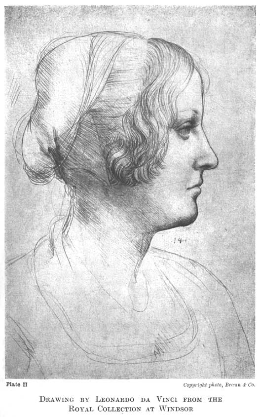Plate II. Drawing by Leonardo da Vinci from the Royal Collection at Windsor Copyright photo, Braun & Co. — A young woman's head and shoulders in profile to the right, her hair gathered up behind with loose curls over the ear, modelled in fine parallel lines; the shoulders and neckline are only lightly outlined.