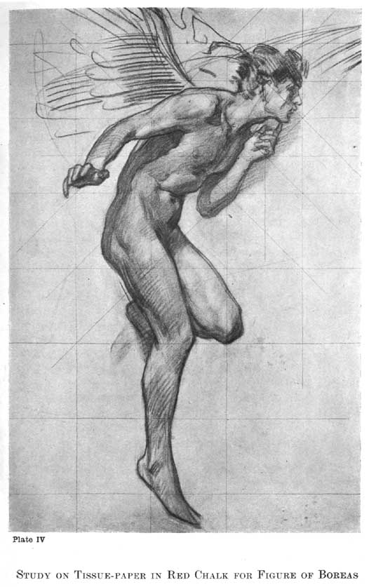 Plate IV. Study on Tissue-Paper in Red Chalk for Figure of Boreas — A nude winged youth in profile to the right, running or springing forward with one knee drawn up and his fists clenched, drawn over a squared grid of ruled lines with the wings only sketched in.
