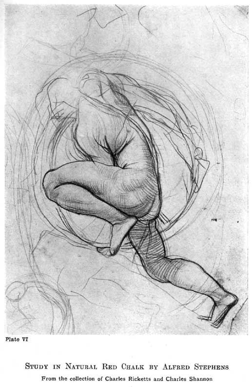 Plate VI. Study in Natural Red Chalk by Alfred Stephens From the collection of Charles Ricketts and Charles Shannon — A nude figure crouching with the head buried under the arms, one knee drawn up to the chest and the other leg stretched back, set within faint circling construction lines.