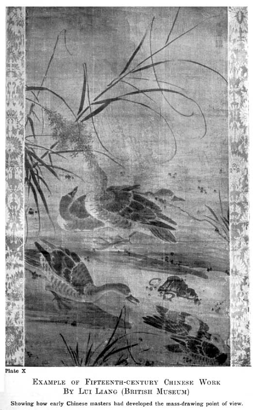 Plate X. Example of Fifteenth-Century Chinese Work by Lui Liang (British Museum) Showing how early Chinese masters had developed the mass-drawing point of view. — A hanging scroll: wild geese among reeds and water plants at the water's edge, one bird feeding with its neck stretched out, painted in soft masses of wash with the reeds in single brushstrokes.