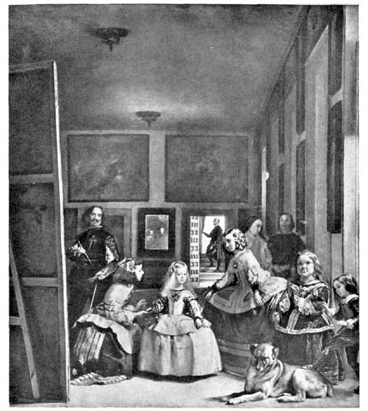Plate XI. Las Meninas. by Velázquez (Prado) Probably the first picture ever painted entirely from the visual or impressionist standpoint. Photo Anderson — The painter's studio: the little Infanta in a wide skirt with her maids beside her, a large canvas at the left with the painter behind it, a dog lying in front, and a man standing in a lit doorway at the back.