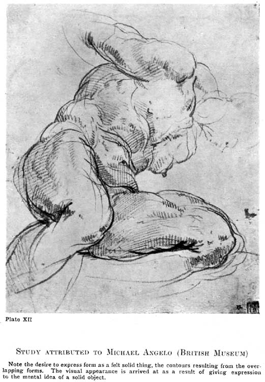 Plate XII. Study Attributed to Michael Angelo (British Museum) Note the desire to express form as a felt solid thing, the contours resulting from the overlapping forms. The visual appearance is arrived at as a result of giving expression to the mental idea of a solid object. — A heavily muscled nude bent forward, one arm raised over the lowered head and the thighs massed below, drawn in pen with the hatching curving round each swelling form.