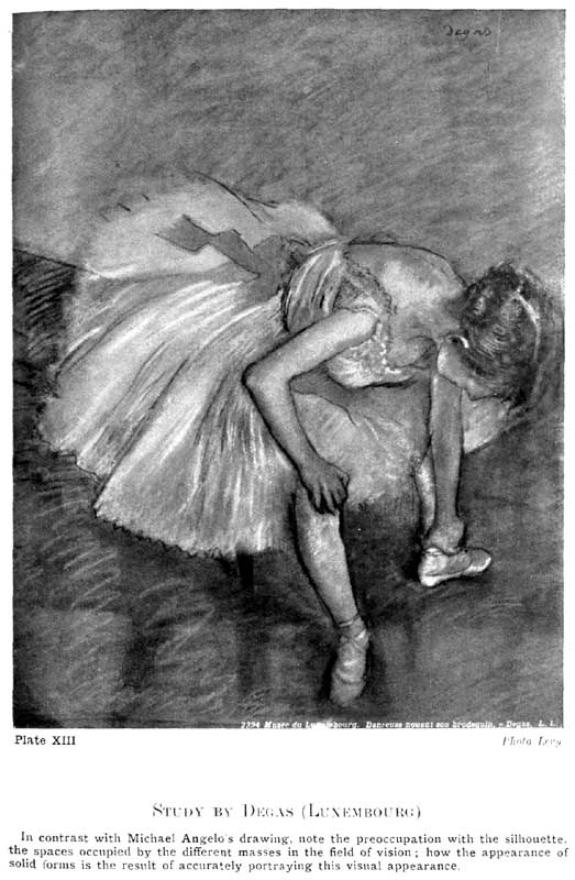 Plate XIII. Study by Degas (Luxembourg) In contrast with Michael Angelo's drawing, note the preoccupation with the silhouette the spaces occupied by the different masses in the field of vision; how the appearance solid forms is the result of accurately portraying this visual appearance. Photo Levi — A ballet dancer bending forward from a seat, one hand on her knee and the other holding her ankle as she adjusts her shoe, her skirt a pale mass against the dark ground.