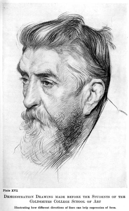 Plate XVII. Demonstration Drawing Made Before the Students of the Goldsmiths College School of Art Illustrating how different directions of lines can help expression of form. — A bearded middle-aged man's head in three-quarter view to the left, the hair thrown back, drawn with lines of shading that change direction across the forehead, cheek, hair and beard.