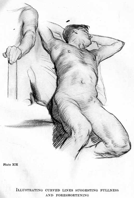 Plate XIX. Illustrating Curved Lines Suggesting Fullness and Foreshortening — A nude young man reclining with his arms behind his head, one knee raised, shaded with curved lines that arch over the forms; a separate study of an arm holding a staff at the upper left.