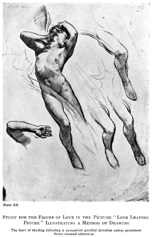 Plate XX. Study for the Figure of Love in the Picture "Love Leaving Psyche" Illustrating a Method of Drawing The lines of shading following a convenient parallel direction unless prominent forms demand otherwise. — A nude boy floating upward with both hands raised to his head, shaded in lines running one parallel direction; beside him, separate studies of a pair of legs, a single leg and an outstretched hand.