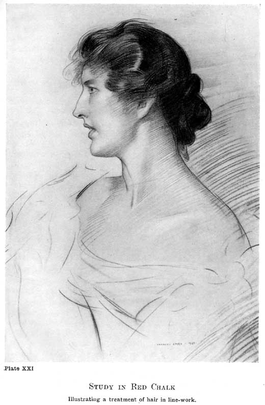 Plate XXI. Study in Red Chalk Illustrating a treatment of hair in line-work. — A young woman's head and shoulders in profile to the left, her dark hair swept up and back in swinging lines broken by passages of shadow, the shoulders only loosely outlined.