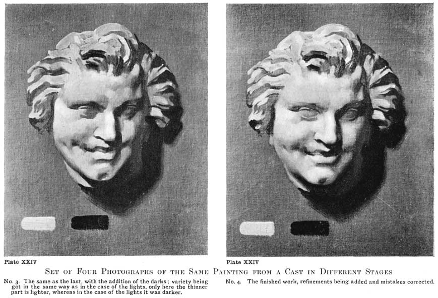 Plate XXIV. Set of Four Photographs of the Same Painting from a Cast in Different Stages No. 3. The same as the last, with the addition of the darks; variety being got in the same way as in the case of the lights, only here the thinner part is lighter, whereas in the case of the lights it was darker. No. 4. The finished work, refinements being added and mistakes corrected. — The same cast of a laughing boy's head. No. 3, the dark shadow masses added to the lights and middle tone; No. 4, the finished painting; each has patches of the light and dark tones below.