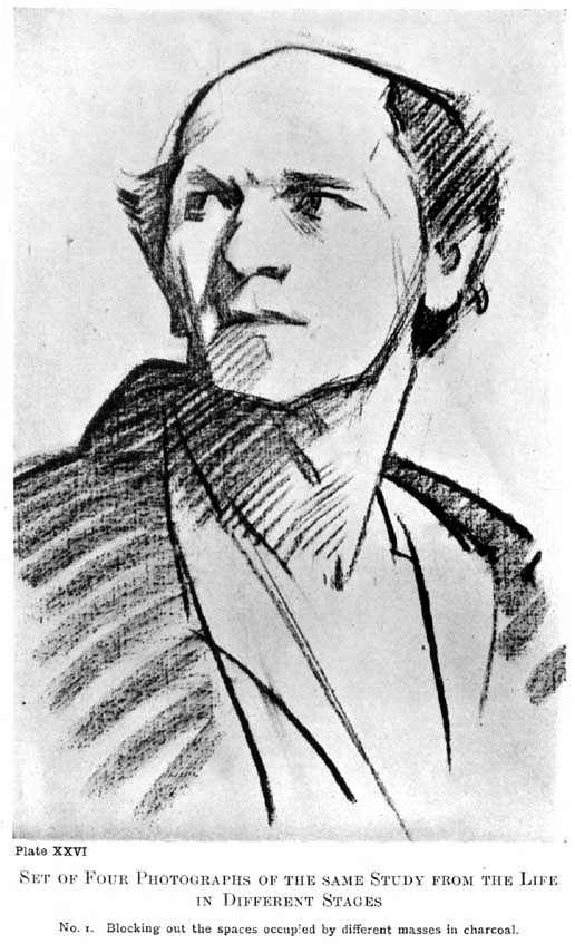 Plate XXVI. Set of Four Photographs of the Same Study from the Life in Different Stages No. 1. Blocking out the spaces occupied by different masses in charcoal. — The head and shoulders of a balding, elderly man looking up to the left, set out in bold charcoal lines, with the shadow masses of hair, cheek and coat blocked in by broad diagonal hatching.
