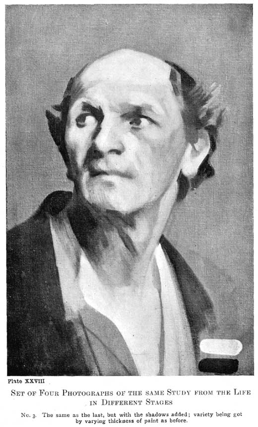 Plate XXVIII. Set of Four Photographs of the Same Study from the Life in Different Stages No. 3. The same as the last, but with the shadows added; variety being got by varying thickness of paint as before. — The same head with the shadows now painted in, dark under the brow, beside the nose and in the coat, and with swatches of the light and dark tones used set in the lower right corner.