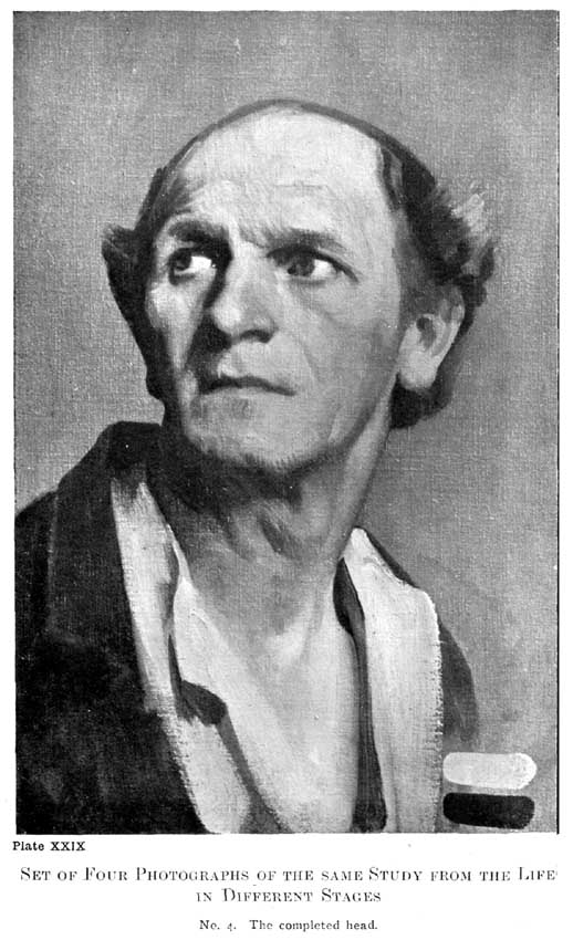 Plate XXIX. Set of Four Photographs of the Same Study from the Life in Different Stages No. 4. The completed head. — The finished monochrome study of the elderly man, head turned up to the left, the planes of brow, cheek and neck fully modelled, with the two tone swatches still at the lower right.