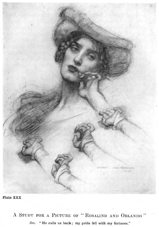 Plate XXX. A Study for a Picture of "Rosalind and Orlando" Ros. "He calls us back; my pride fell with my fortunes." — A pencil study of a young woman in a broad-brimmed hat, her head tilted back and lips parted, one hand raised to her chin, with four more studies of her clasped hand drawn round the sheet.