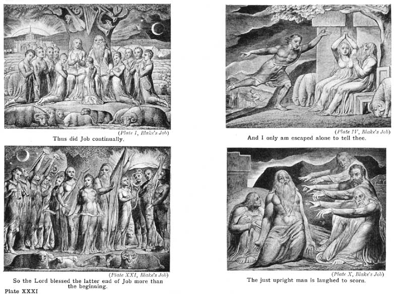 Plate XXXI. Thus did Job continually. (Plate I, Blake's Job) And I only am escaped alone to tell thee. (Plate IV, Blake's Job) So the Lord blessed the latter end of Job more than the beginning. (Plate XXI, Blake's Job) The just upright man is laughed to scorn. (Plate X, Blake's Job) — Four engravings from Blake's Job. A: Job's family kneeling in prayer under a tree, sheep in front. B: a messenger running in towards Job and his wife. C: the household standing in a row with harps and horns. D: three friends pointing at the kneeling Job.