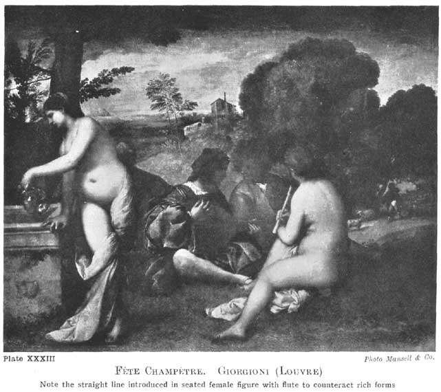 Plate XXXIII. Fête Champêtre. Giorgioni (Louvre) Note the straight line introduced in seated female figure with flute to counteract rich forms. — A painted landscape with four figures: a nude woman standing at a stone well at the left, and two clothed young men and a seated nude woman holding a flute on the grass, with thick trees behind them.