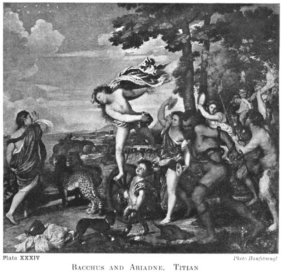 Plate XXXIV. Bacchus and Ariadne. Titian Photo Hanfstaengl — A painting of Bacchus leaping from his chariot, his cloak flying, towards Ariadne at the left, with a pair of cheetahs, a small satyr boy, and a crowd of revellers behind him, one woman holding up cymbals.