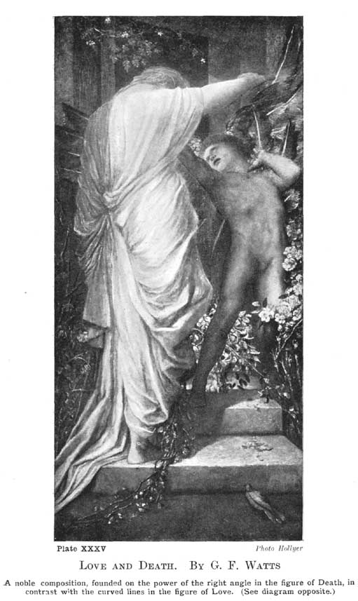 Plate XXXV. Love and Death. by G.f. Watts A noble composition, founded on the power of the right angle in the figure of Death, in contrast with the curved lines in the figure of Love. (See diagram opposite.) Photo Hollyer — A painting of a tall shrouded figure seen from behind, one arm stretched forward into a doorway, and a small winged boy pressing back against the arm, roses climbing about the steps at his feet.