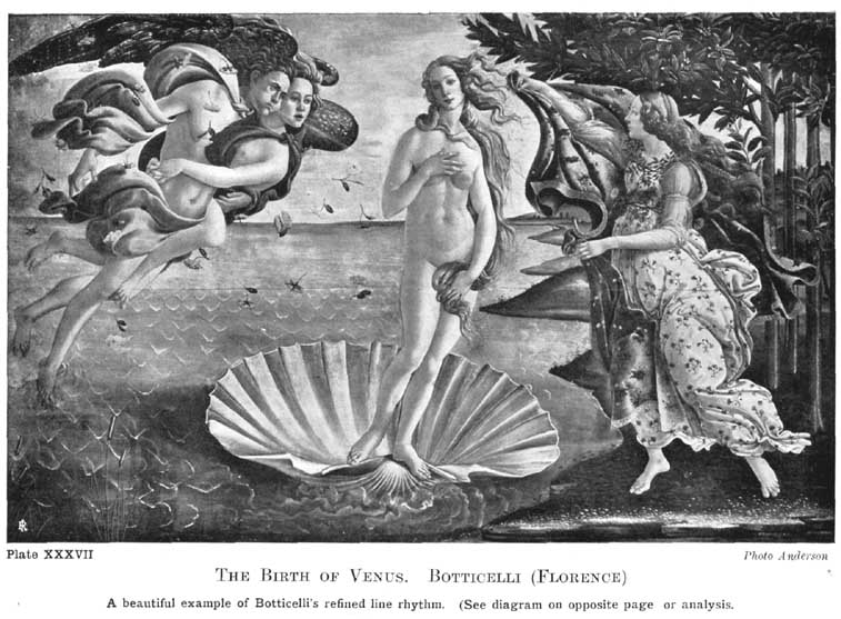 Plate XXXVII. The Birth of Venus. Botticelli (Florence) A beautiful example of Botticelli's refined line rhythm. (See diagram on opposite page for analysis.) Photo Anderson — Venus stands on a scallop shell on the sea, the two winds blowing her ashore from the left, while a woman in a flowered dress on the bank at the right holds up a cloak for her.