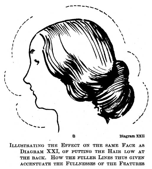 Diagram XXII. Illustrating the Effect on the Same Face as Diagram XXI, of Putting the Hair Low at the Back. How the Fuller Lines Thus Given Accentuate the Fullnesses of the Features. — The same profile as Diagram XXI, but with the hair drawn down into a full low knot at the nape; dashed curves around the head, chin and knot trace the fuller lines that echo the fullness under the chin.