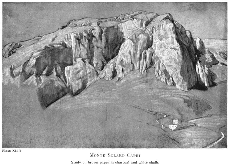 Plate XLIII. Monte Solaro Capri Study on brown paper in charcoal and white chalk. — A great mass of rock seen from below, its cliffs and buttresses modelled in charcoal and picked out in white chalk against the brown paper, above a broad smooth slope with a small house and a winding road in the lower right.