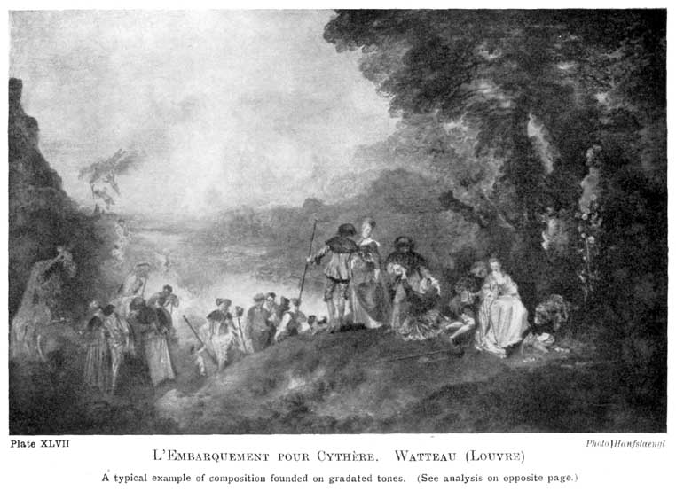 Plate XLVII. L'embarquement Pour Cythère. Watteau (Louvre) A typical example of composition founded on gradated tones. (See analysis on opposite page.) Photo Hanfstaengl — A crowd of couples in silk costumes moves along a grassy rise from the trees on the right down towards the misty distance and the water on the left, where small cupids flutter in the sky; some of the men carry tall staffs.