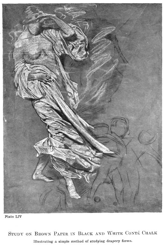 Plate LIV. Study on Brown Paper in Black and White Conté Chalk Illustrating a simple method of studying drapery forms. — A standing draped woman, one arm raised over her head, her robe swept back by the wind; the folds are drawn in white chalk for the lights and black for the shadows, with the brown paper showing between as the half tone.