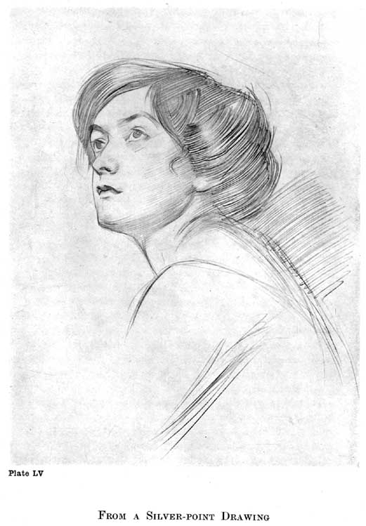 Plate LV. From a Silver-Point Drawing — A young woman's head in three-quarter view, looking up and to the left, with her hair drawn back; the head is built of fine delicate lines and the shoulders only lightly sketched with a few parallel strokes.