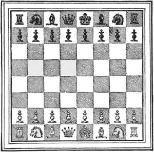 Chess-board with pieces in position — A chessboard seen from above with every piece in its starting place, the dark pieces along the top two rows and the light pieces along the bottom two.