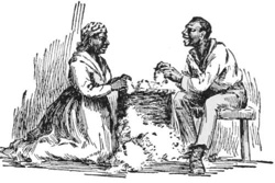 Picking cotton by hand — A woman kneeling and a man on a low stool work beside a heap of cotton, pulling the white flock from the bolls by hand.